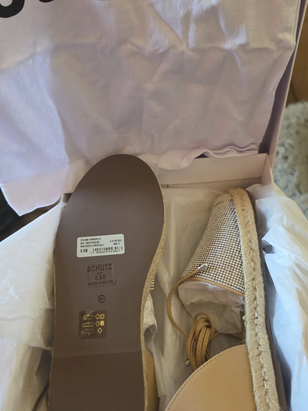 Schutz Beige Crystal Espadrille Lace-Up Flats With Dust Bag